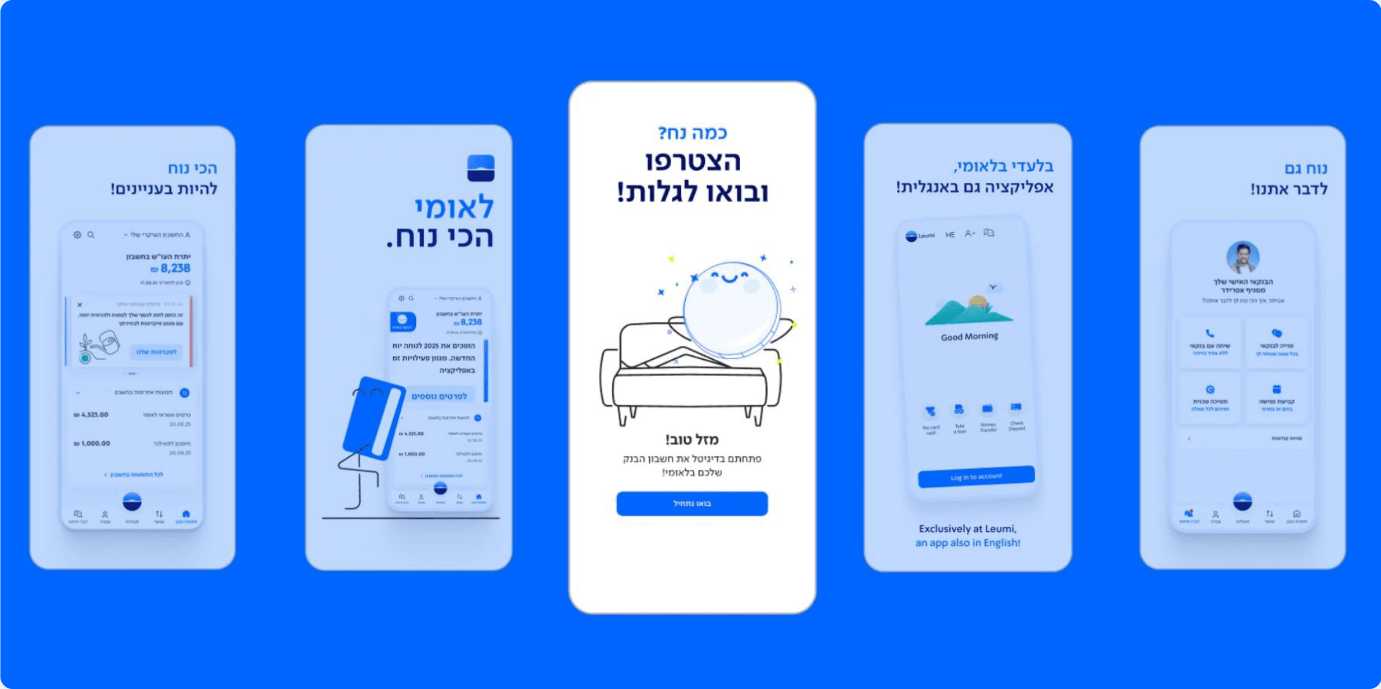 Five Leumi 4.0 app screens on a blue background