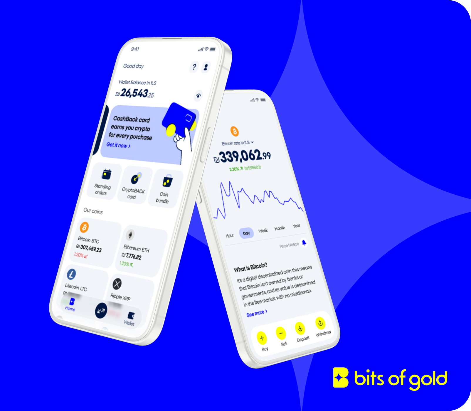 The Bits of Gold mobile app on two phones