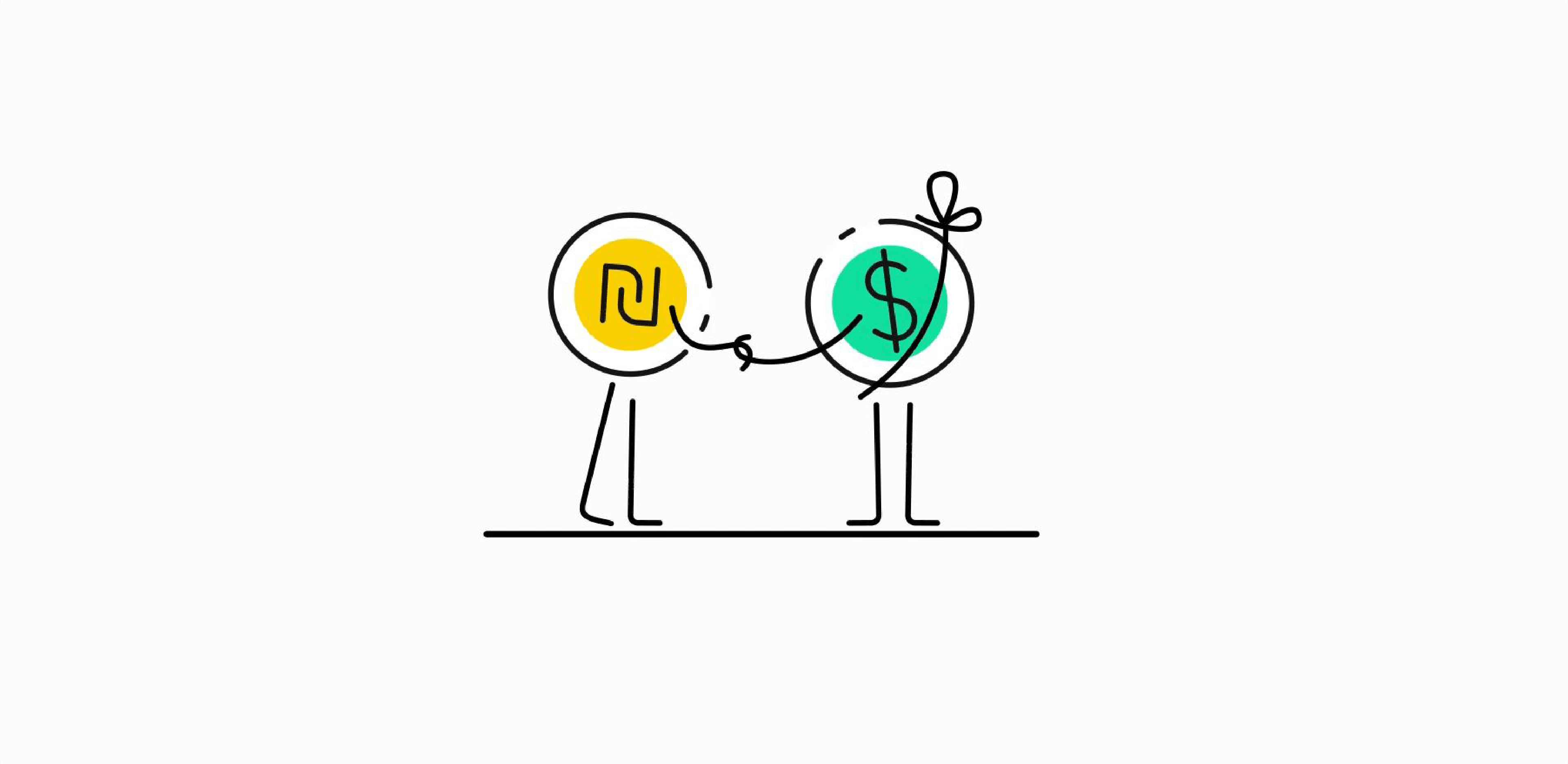 Illustration of two coins, a shekel and a dollar, walking hand in hand