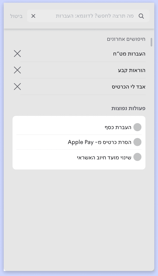 Leumi search screen after the first click, with recent searches and common actions