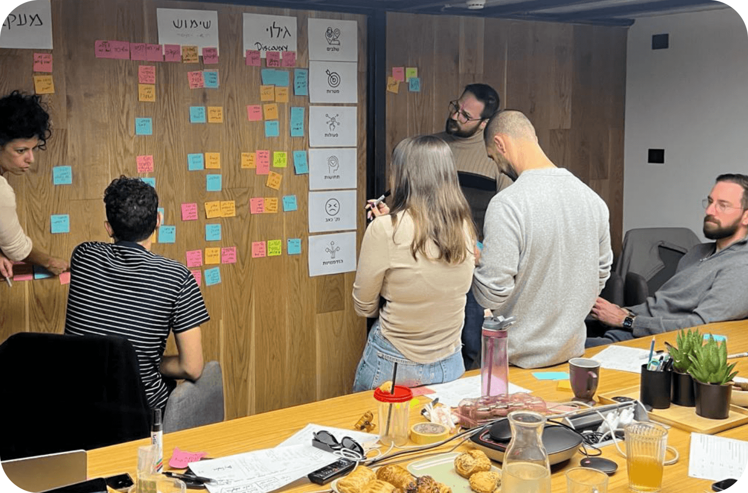 The team at a discovery workshop, with sticky notes on the wall