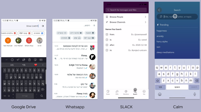 Search screens from Google Drive, Whatsapp, Slack and Calm